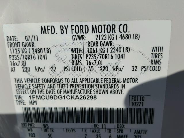 1FMCU9DG1CKA26298 - 2012 FORD ESCAPE XLT CREAM photo 10