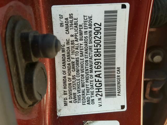 2HGFA16918H502902 - 2008 HONDA CIVIC EXL MAROON photo 10