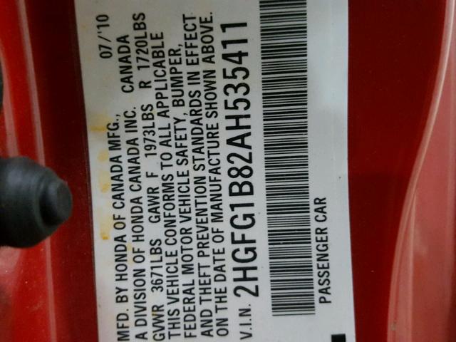 2HGFG1B82AH535411 - 2010 HONDA CIVIC EX წითელი ფოტო 10