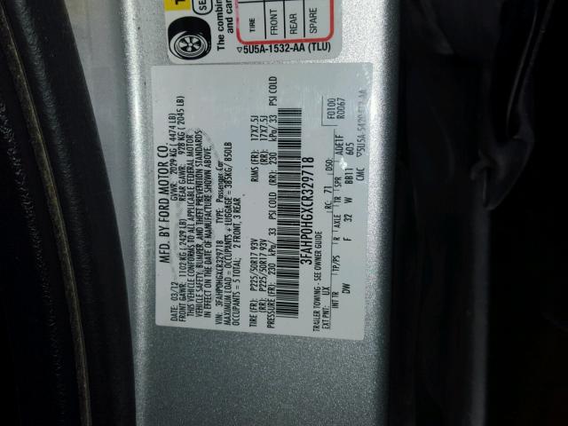 3FAHP0HGXCR329718 - 2012 FORD FUSION SE SILVER photo 10