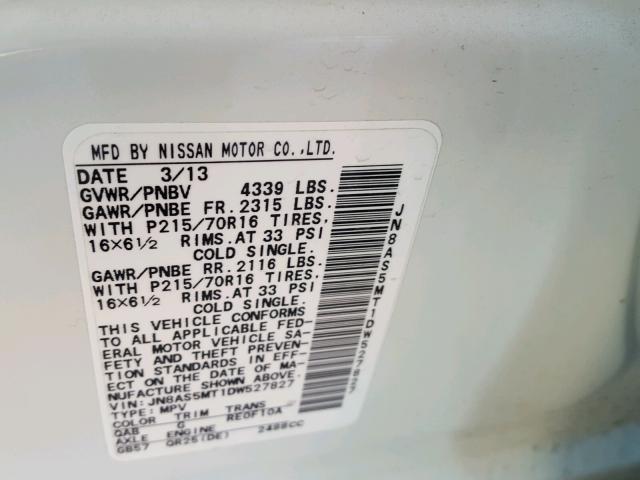 JN8AS5MT1DW527827 - 2013 NISSAN ROGUE S WHITE photo 10