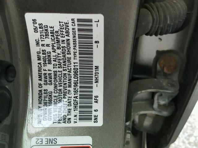 1HGFA16596L096011 - 2006 HONDA CIVIC LX GRAY photo 10