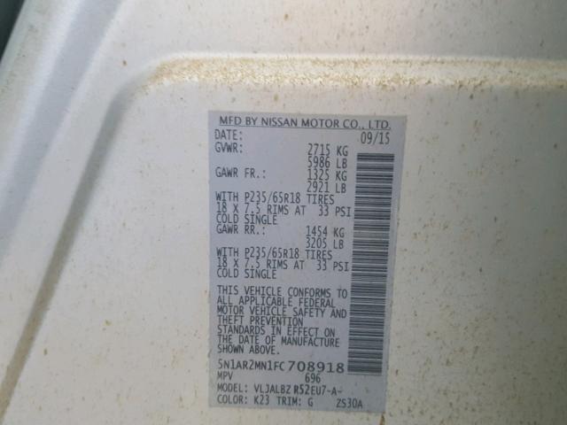 5N1AR2MN1FC708918 - 2015 NISSAN PATHFINDER SILVER photo 10