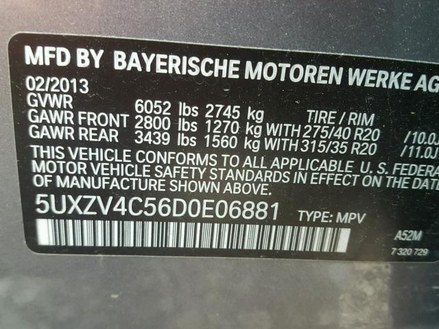 5UXZV4C56D0E06881 - 2013 BMW X5 XDRIVE3 GRAY photo 10