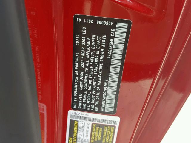WVWBW7AH2CV012968 - 2012 VOLKSWAGEN EOS KOMFOR წითელი ფოტო 10