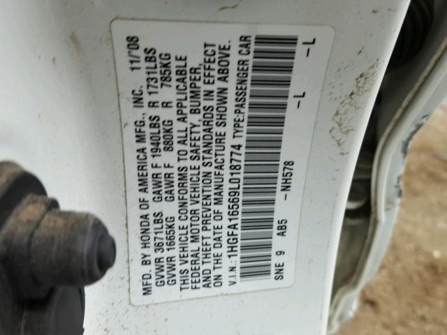 1HGFA16569L018774 - 2009 HONDA CIVIC LX WHITE photo 10