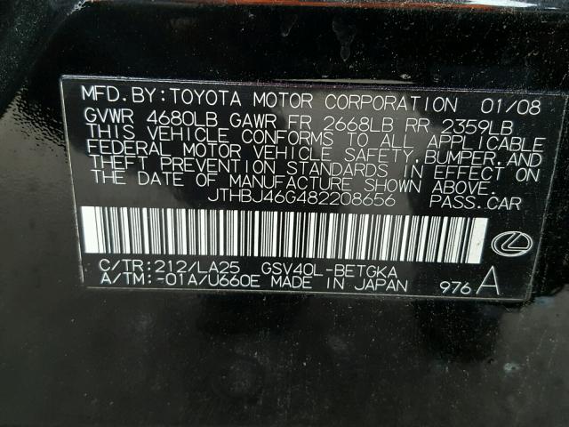 JTHBJ46G482208656 - 2008 LEXUS ES 350 BLACK photo 10