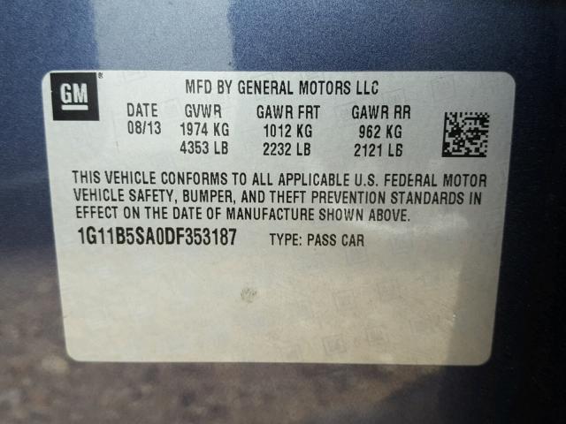 1G11B5SA0DF353187 - 2013 CHEVROLET MALIBU LS BLUE photo 10