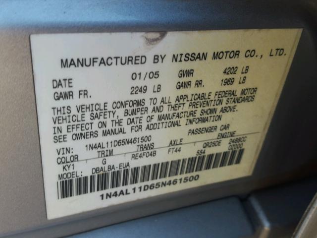 1N4AL11D65N461500 - 2005 NISSAN ALTIMA S SILVER photo 10