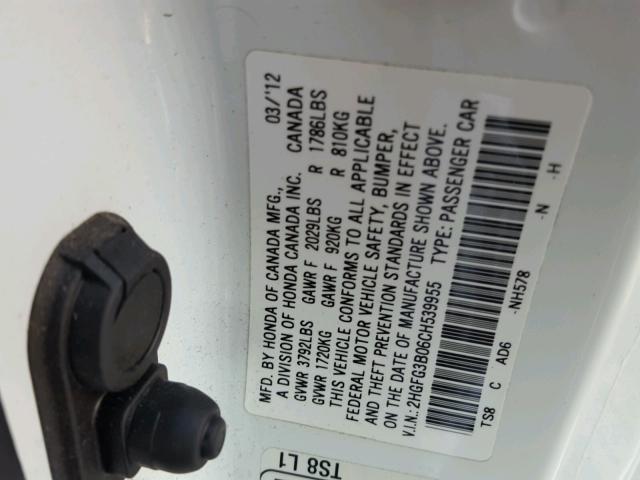 2HGFG3B06CH539955 - 2012 HONDA CIVIC EXL WHITE photo 10