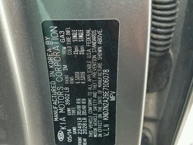 KNDJN2A26E7106078 - 2014 KIA SOUL GRAY photo 10