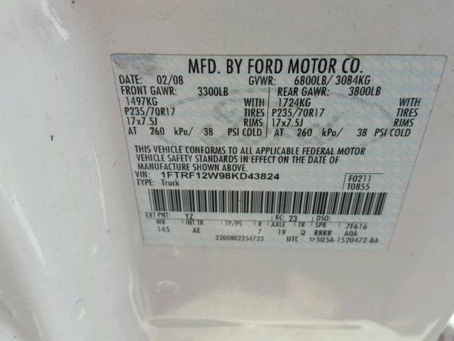 1FTRF12W98KD43824 - 2008 FORD F150 WHITE photo 10