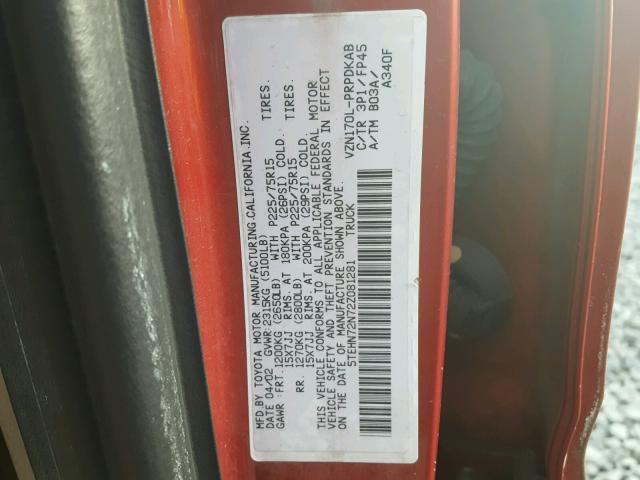 5TEHN72N72Z081281 - 2002 TOYOTA TACOMA DOU RED photo 10