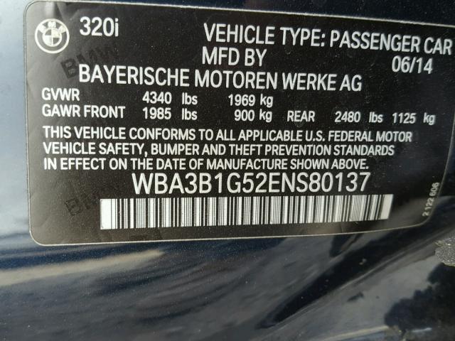 WBA3B1G52ENS80137 - 2014 BMW 320 I BLUE photo 10