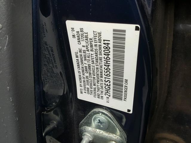 2HGES16564H640841 - 2004 HONDA CIVIC LX BLUE photo 10