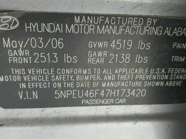 5NPEU46F47H173420 - 2007 HYUNDAI SONATA SE GRAY photo 10