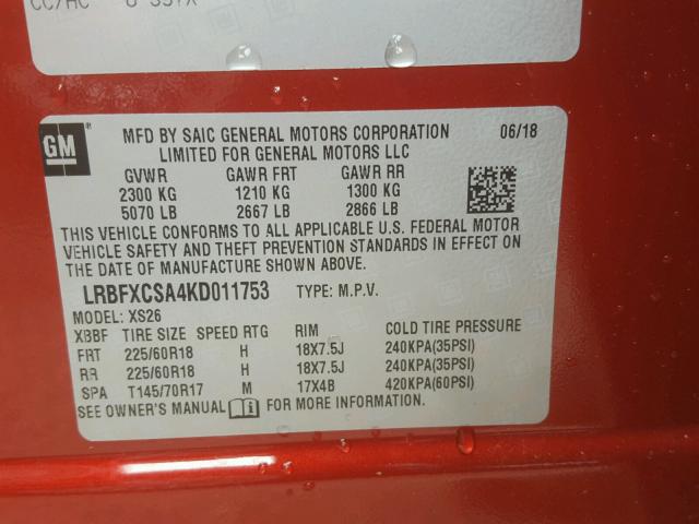 LRBFXCSA4KD011753 - 2019 BUICK ENVISION E Қызыл фото 10