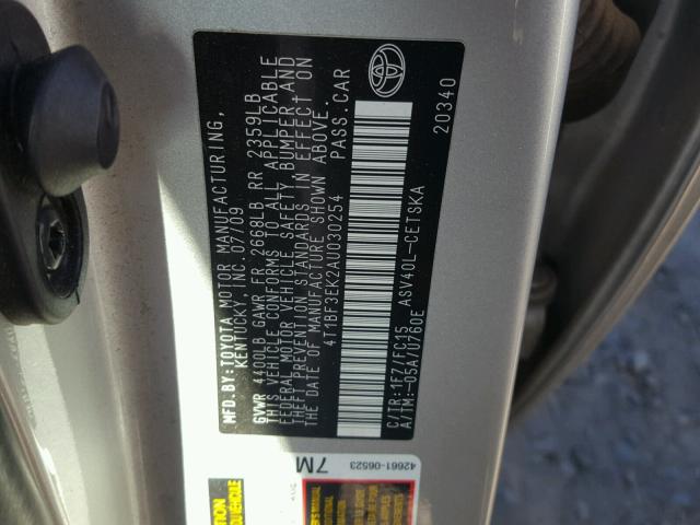 4T1BF3EK2AU030254 - 2010 TOYOTA CAMRY BASE SILVER photo 10