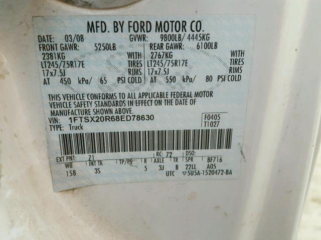 1FTSX20R68ED78630 - 2008 FORD F250 SUPER WHITE photo 10