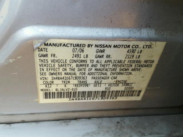 1N4BA41E67C809363 - 2007 NISSAN MAXIMA SE SILVER photo 10