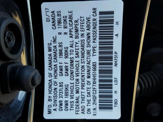 2HGFC2F7XHH516683 - 2017 HONDA CIVIC EX BLACK photo 10