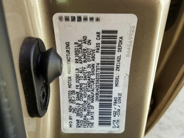 1NXBU40E59Z057974 - 2009 TOYOTA COROLLA BA GOLD photo 10