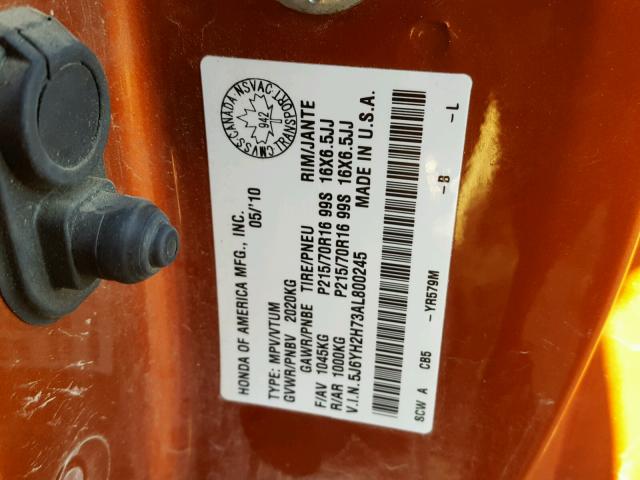 5J6YH2H73AL800245 - 2010 HONDA ELEMENT EX ORANGE photo 10