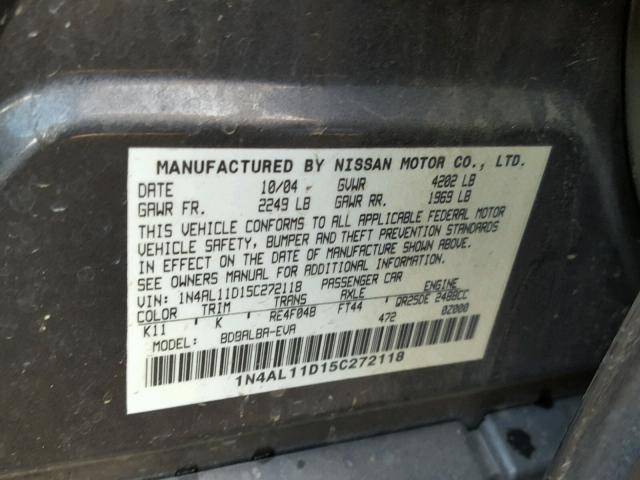 1N4AL11D15C272118 - 2005 NISSAN ALTIMA S CHARCOAL photo 10