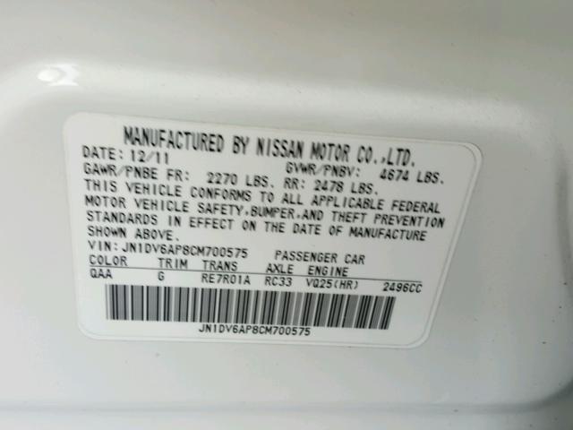 JN1DV6AP8CM700575 - 2012 INFINITI G25 BASE WHITE photo 10