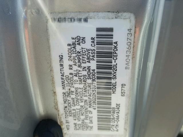 4T1BG22K51U790304 - 2001 TOYOTA CAMRY CE SILVER photo 10