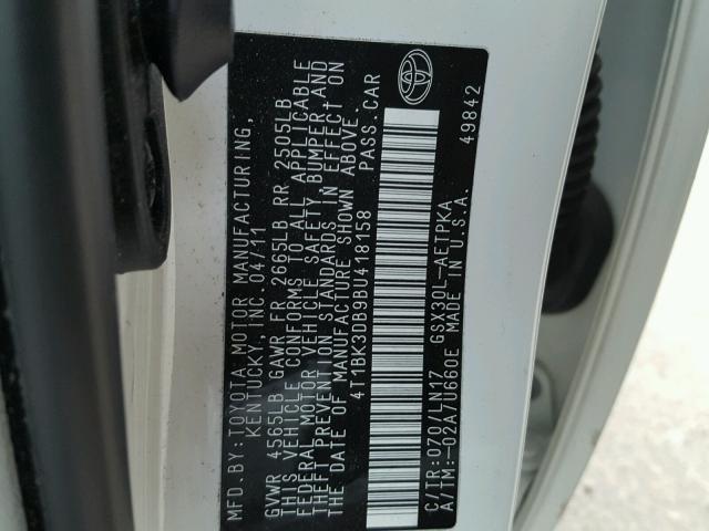 4T1BK3DB9BU418158 - 2011 TOYOTA AVALON BAS WHITE photo 10