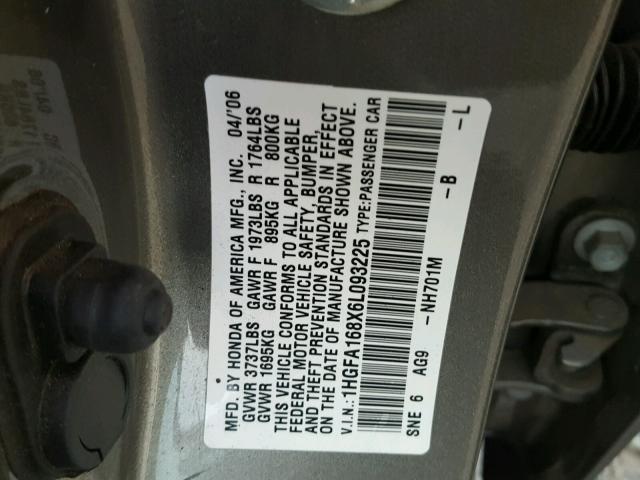 1HGFA168X6L093225 - 2006 HONDA CIVIC EX SILVER photo 10