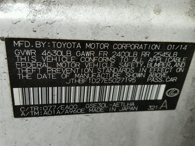 JTHBF1D27E5027195 - 2014 LEXUS IS 250 WHITE photo 10