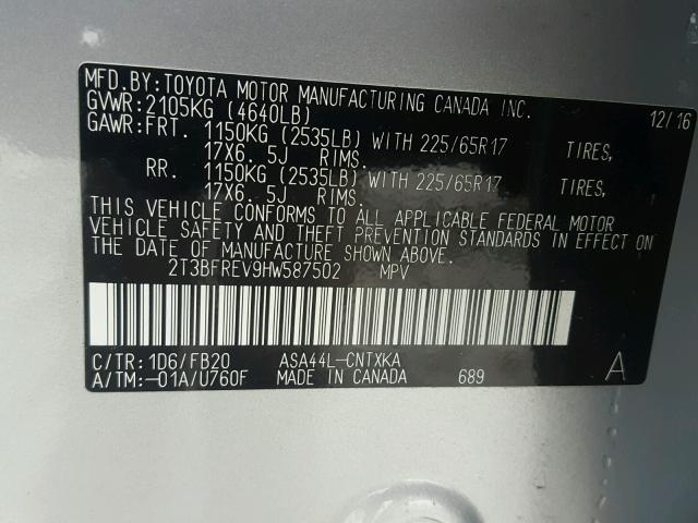 2T3BFREV9HW587502 - 2017 TOYOTA RAV4 LE Gümüş foto 10