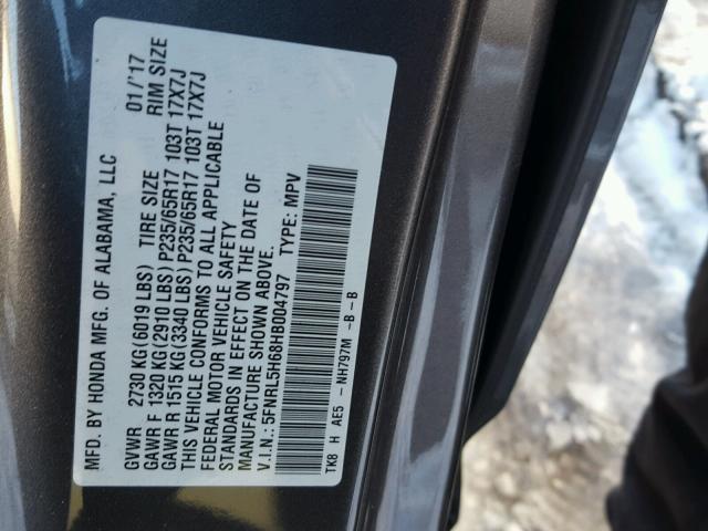 5FNRL5H68HB004797 - 2017 HONDA ODYSSEY EX GRAY photo 10