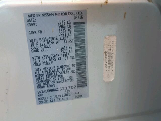 5N1AL0MN8GC521702 - 2016 INFINITI QX60 SILVER photo 10