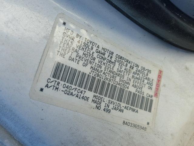 JT2BG12K8T0340504 - 1996 TOYOTA CAMRY DX WHITE photo 10