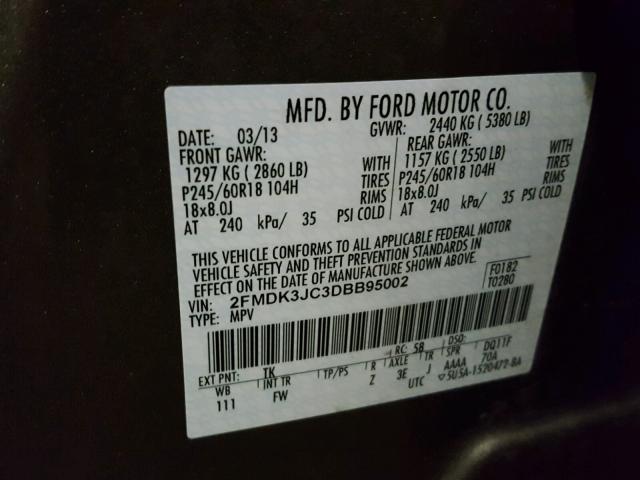 2FMDK3JC3DBB95002 - 2013 FORD EDGE SEL TAN photo 10