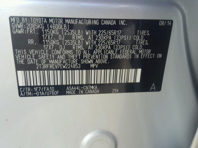 2T3RFREV7EW224853 - 2014 TOYOTA RAV4 XLE SILVER photo 10