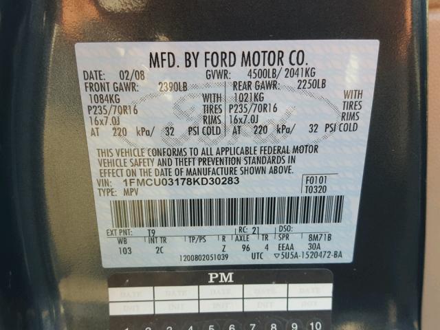 1FMCU03178KD30283 - 2008 FORD ESCAPE XLT CHARCOAL photo 10