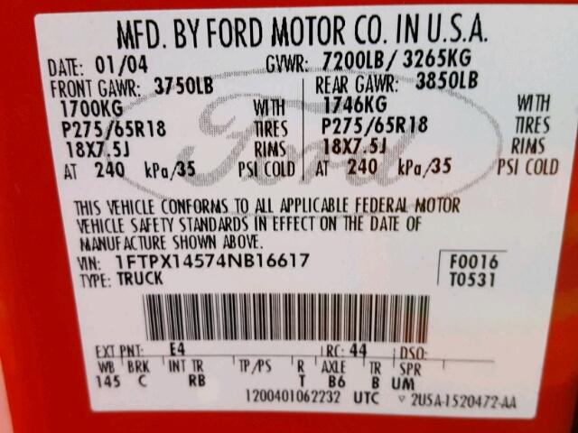 1FTPX14574NB16617 - 2004 FORD F150 RED photo 10