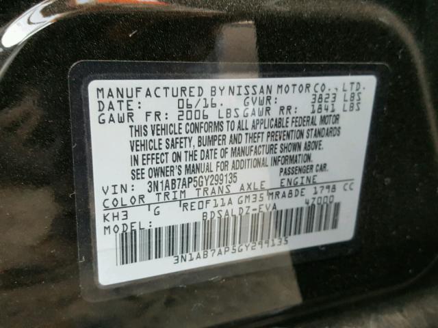 3N1AB7AP5GY299135 - 2016 NISSAN SENTRA S BLACK photo 10