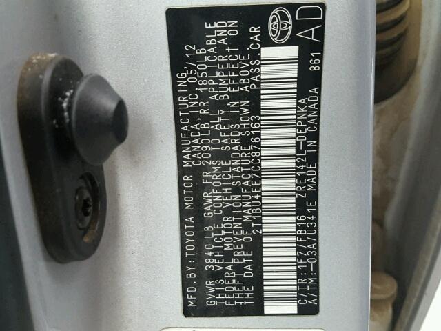 2T1BU4EE7CC876163 - 2012 TOYOTA COROLLA BA SILVER photo 10