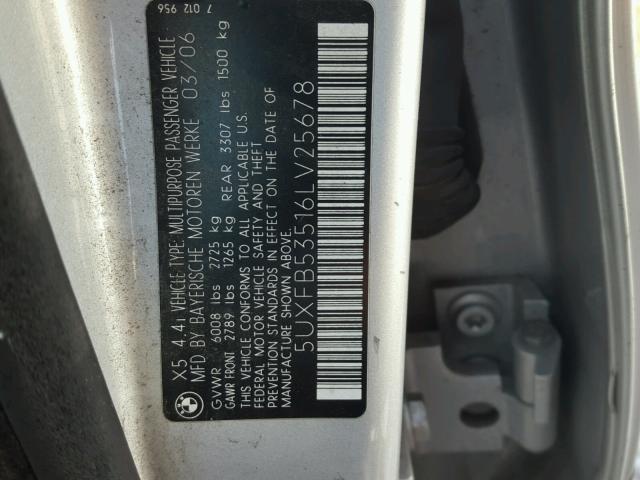 5UXFB53516LV25678 - 2006 BMW X5 4.4I SILVER photo 10