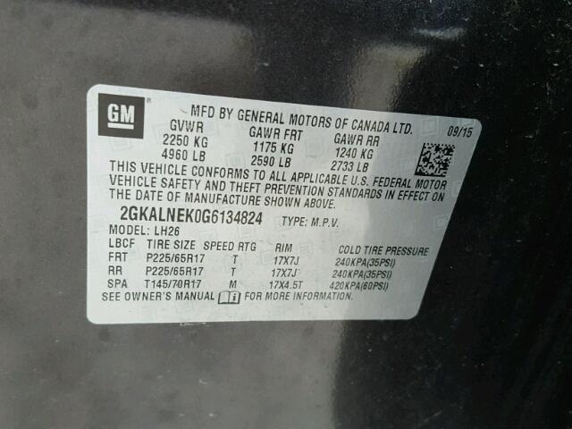 2GKALNEK0G6134824 - 2016 GMC TERRAIN SL CHARCOAL photo 10