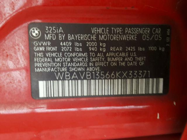 WBAVB13566KX33371 - 2006 BMW 325 I RED photo 10