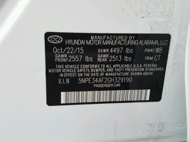 5NPE34AF2GH329190 - 2016 HYUNDAI SONATA SPO WHITE photo 10