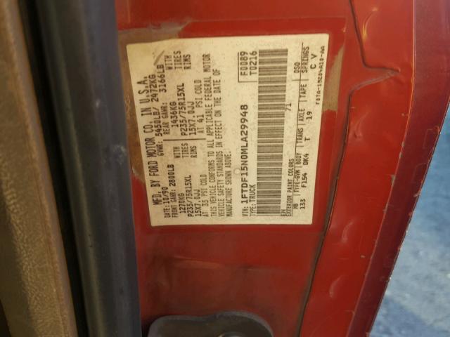 1FTDF15N0MLA29948 - 1991 FORD F150 RED photo 10