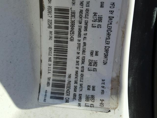 1B3EL36R84N251430 - 2004 DODGE STRATUS SE WHITE photo 10