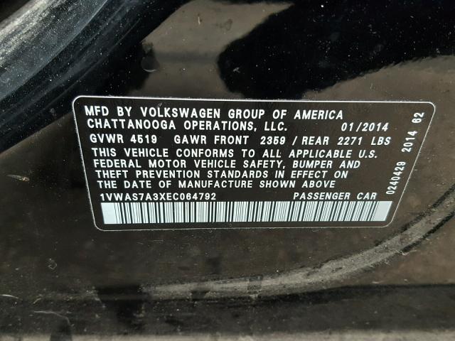 1VWAS7A3XEC064792 - 2014 VOLKSWAGEN PASSAT S შავი ფოტო 10